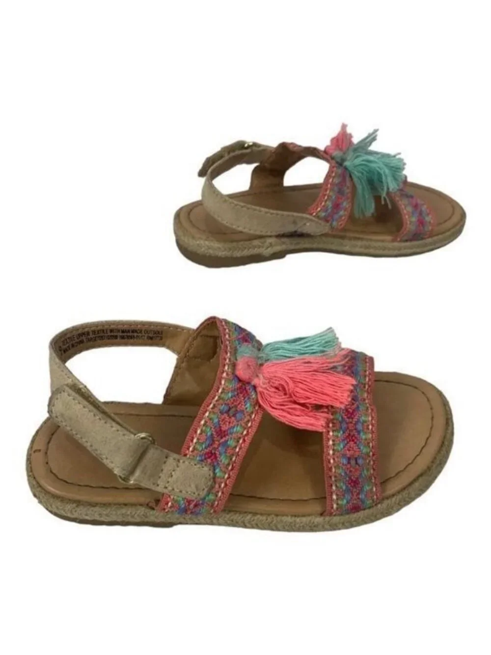 Girls Size 9 Multicolor Tassel Sandals Textile Upper Pink & Teal Straps Buckle